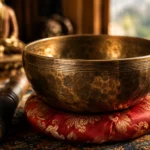 Hand-hammered Tibetan singing bowl on silk cushion, handmade in Nepal