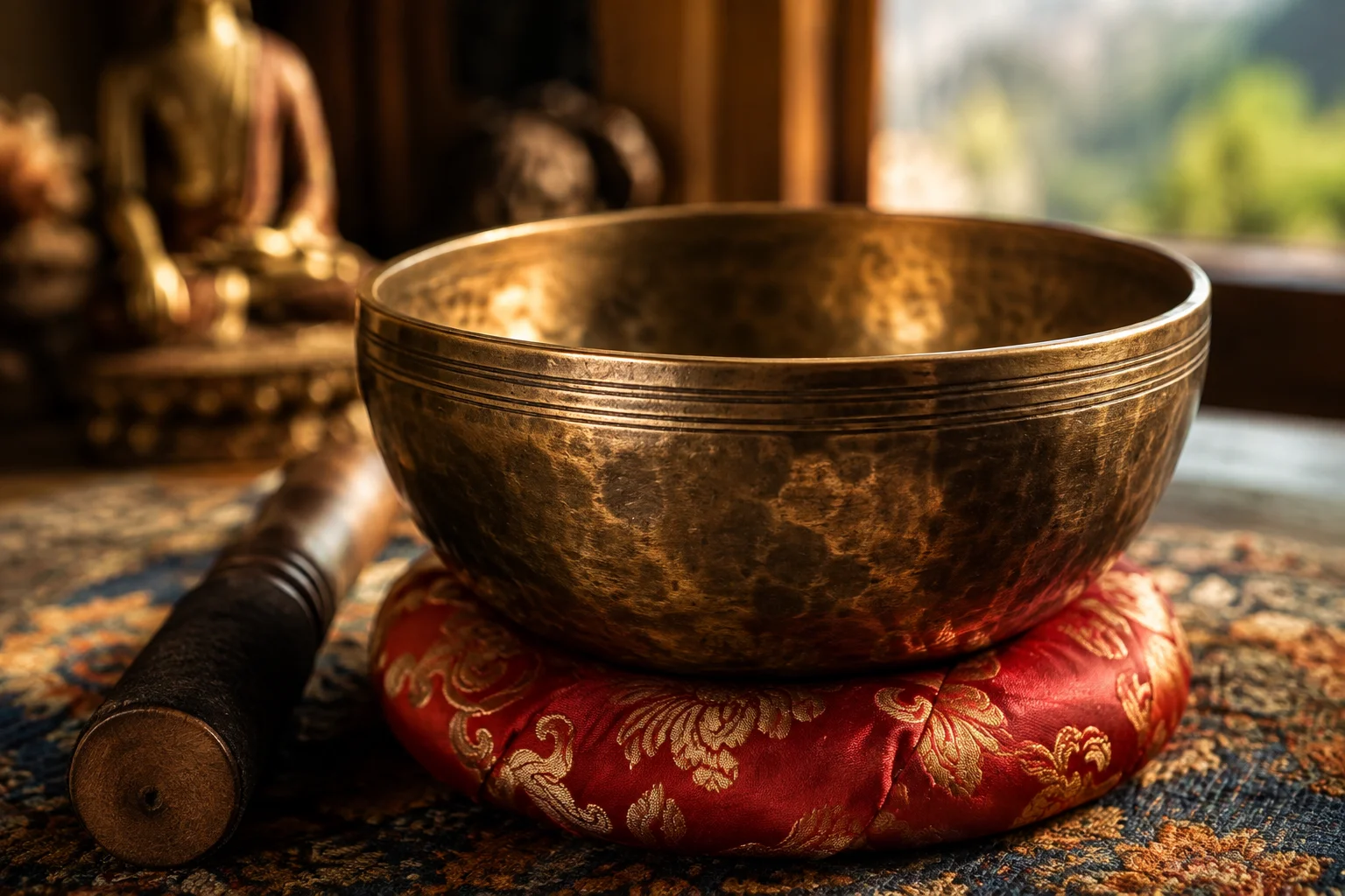 Hand-hammered Tibetan singing bowl on silk cushion, handmade in Nepal